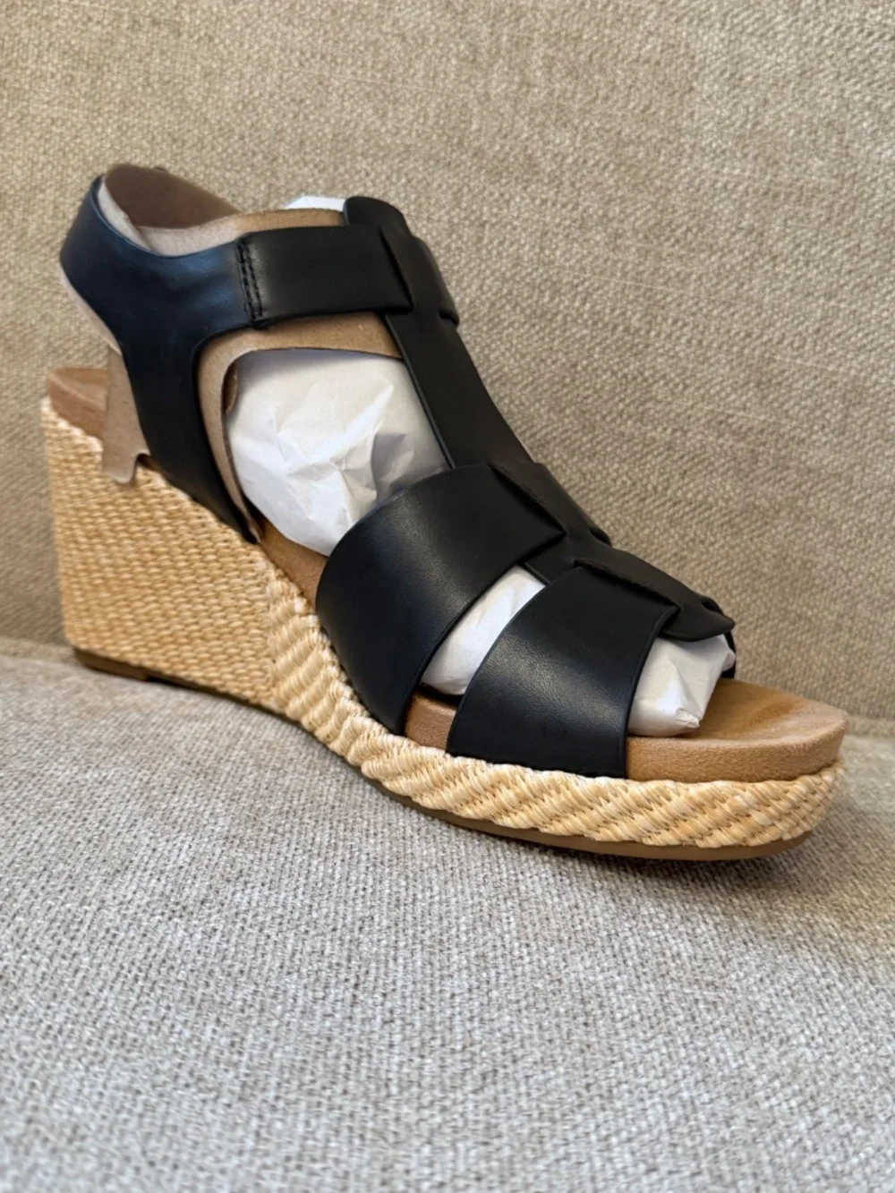 NWT Rockport Belle Sandal Wedge Heel Leather Black Adjustable Strap Woven Sz 9